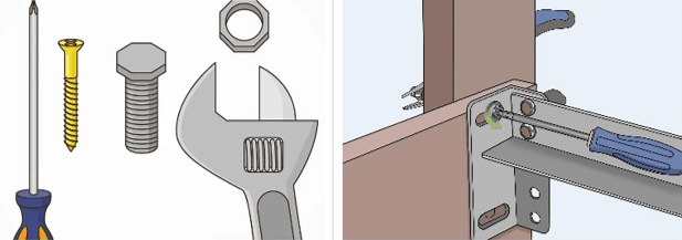 Fixing Weak or Loose Joints: Image of screw, bolt, screwdriver, wrench, and tighetening screw on bed frame joint