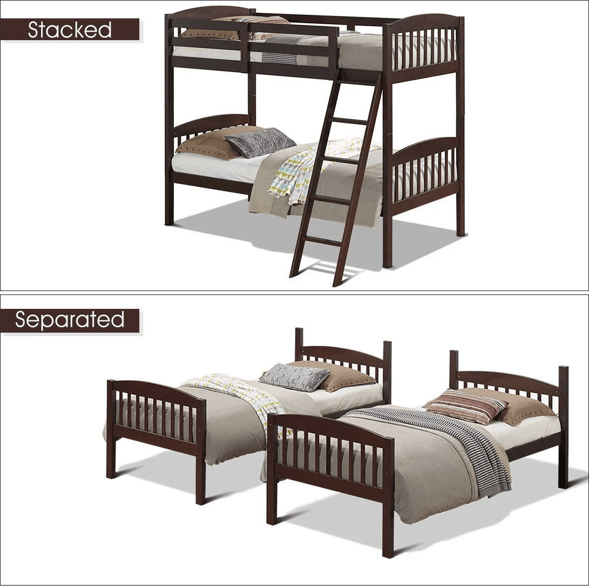 wooden bunk beds that separate