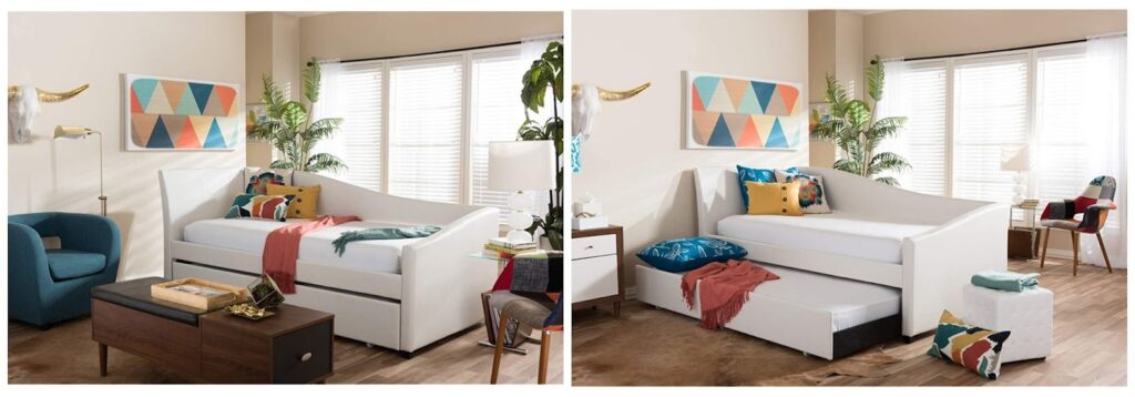 This trundle day bed is a great slide-away bed idea for a living room that is also used as a guest room.