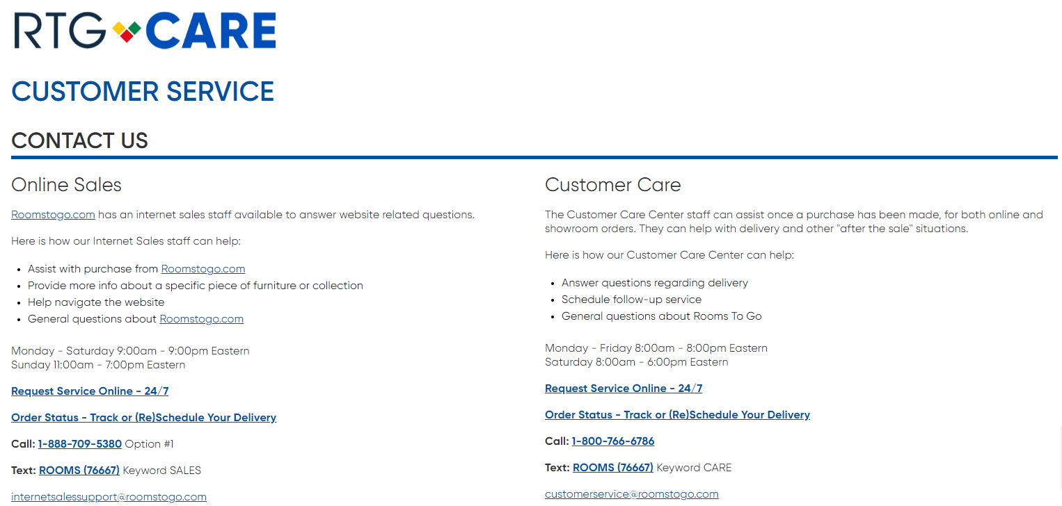 Contact information for Rooms to Go's customer service